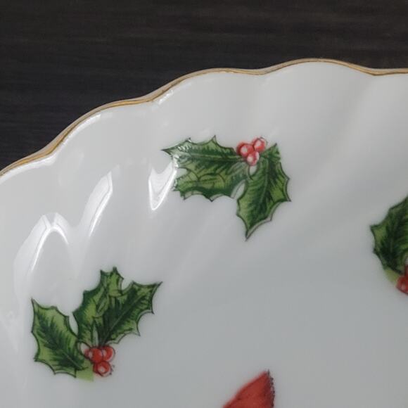 Lefton China Cardinal & Holly Scalloped Candy Dish Bowl 02966 Gold Rim Japan 5" - Picture 3 of 10